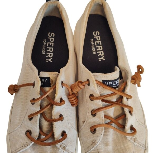 Sperry Top Sider Ivory Beige Sneakers Shoes Women Size 8.5 Leather Laces FLAWS - Picture 5 of 10
